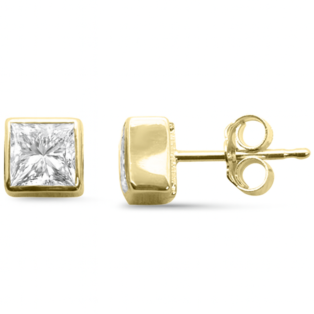 1.06ct G SI 14K Yellow Gold Bezel Set Princess Cut Diamond Stud Earrings