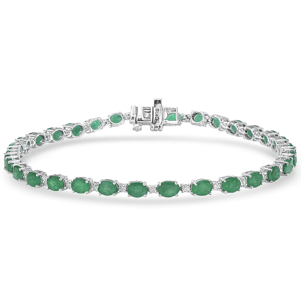 5.77ct G SI 14kt White Gold Diamond & Emerald Gemstone Tennis Bracelet 7" Long