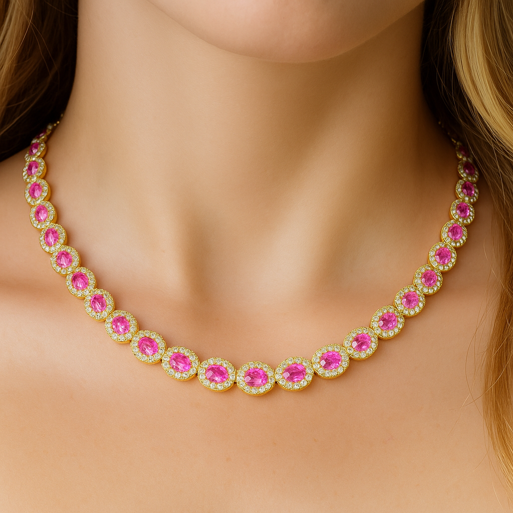 17.71ct G SI Yellow Gold  Diamond & Pink Sapphires Gemstone Necklace 16" long