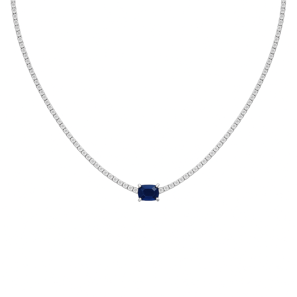 2.66ct G SI 14K White Gold Diamond & Blue Sapphire Double Eagle Prongs Set Tennis Necklace 16" Long
