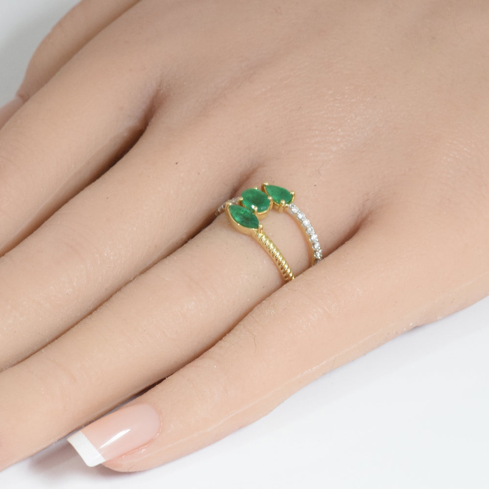 .90ct G SI 14K Yellow Gold Diamond & Emerald Gemstones Wrap Around Band Ring  Size 6.5