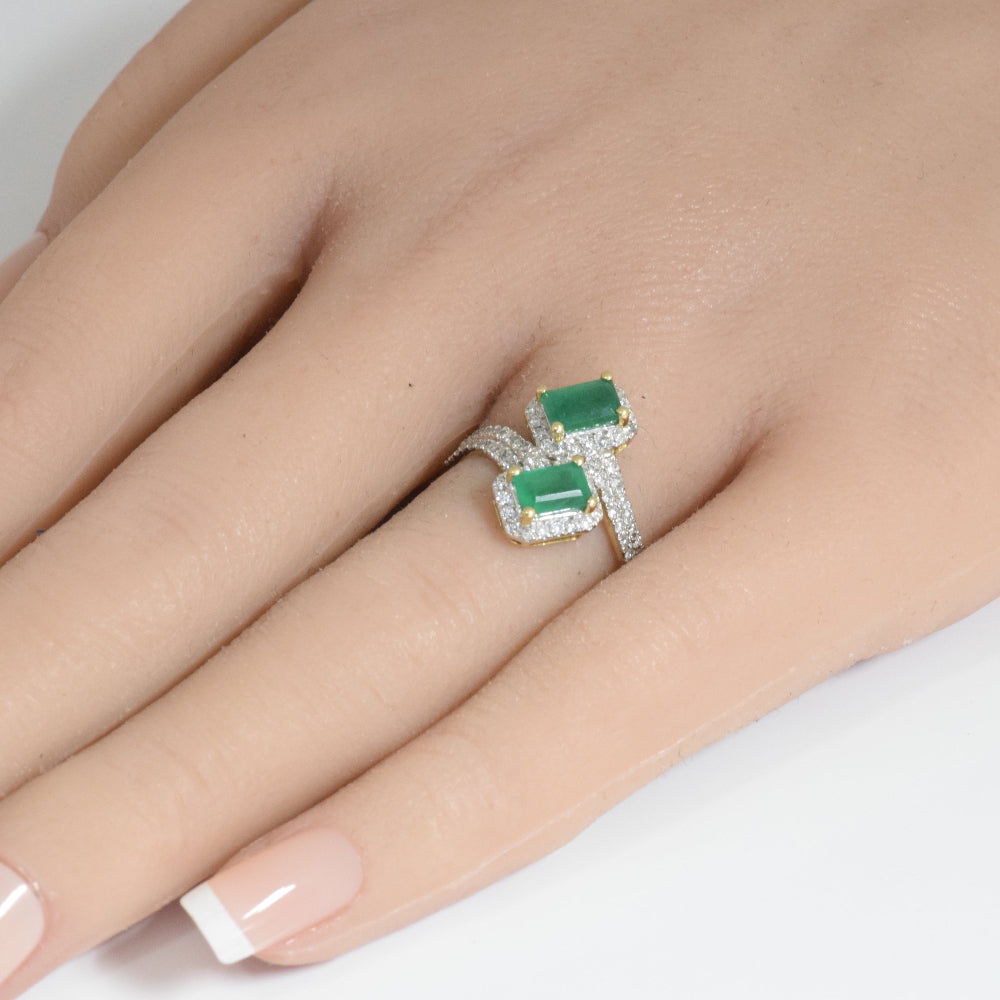 <span style="color:purple">SPECIAL!</span> 1.53ct G SI 14K Yellow Gold Diamond & Emerald Gemstones Wrap Around Band Ring Size 6.5