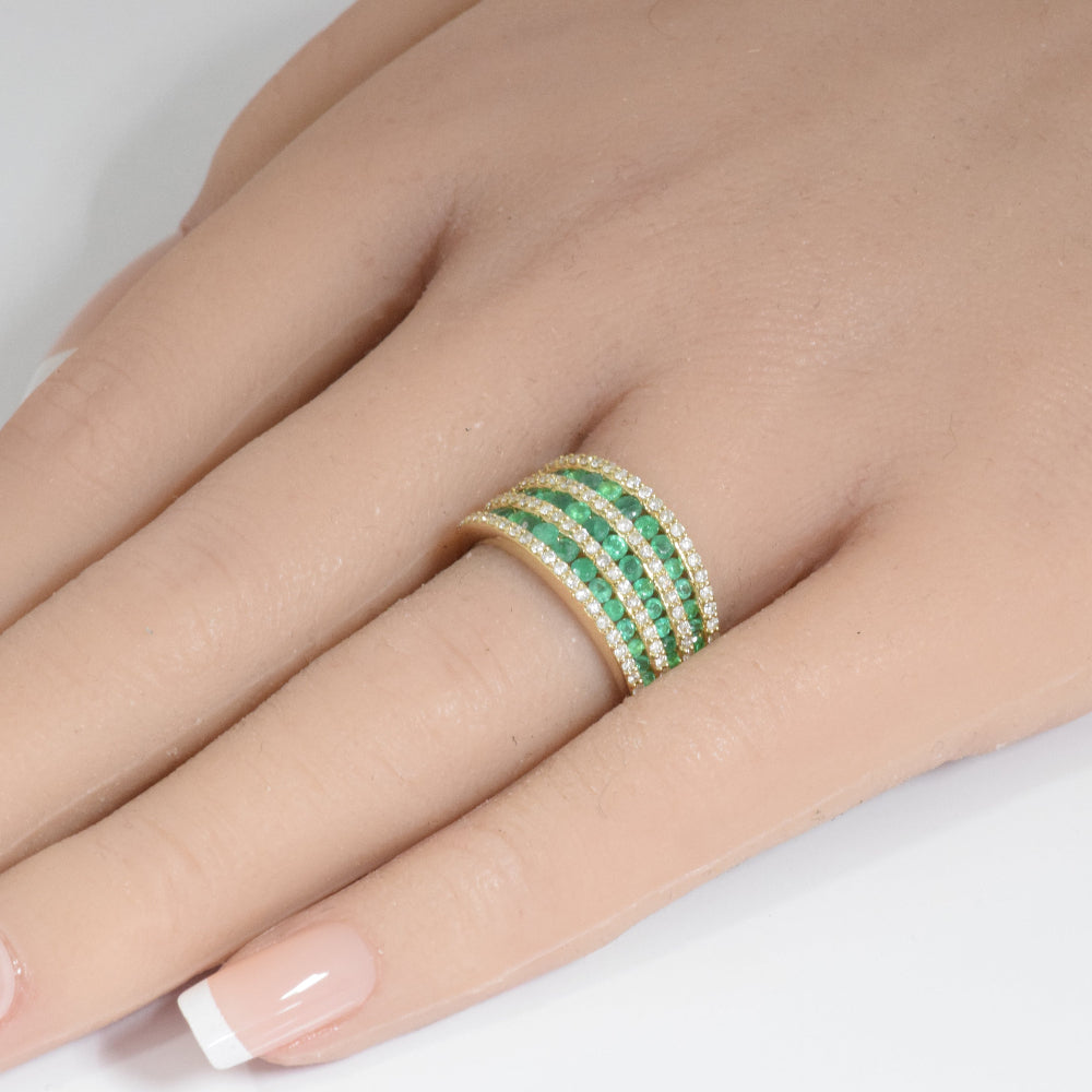 1.36ct G SI 14K Yellow Gold Diamond & Emerald Gemstones Dome Band Ring Size 6.5