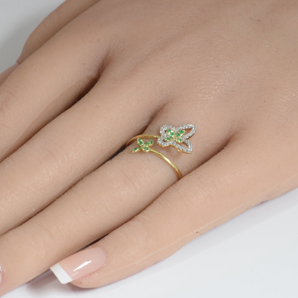 .29ct G SI 14K Yellow Gold Diamond & Emerald Gemstones Butterfly Ring Size 6.5