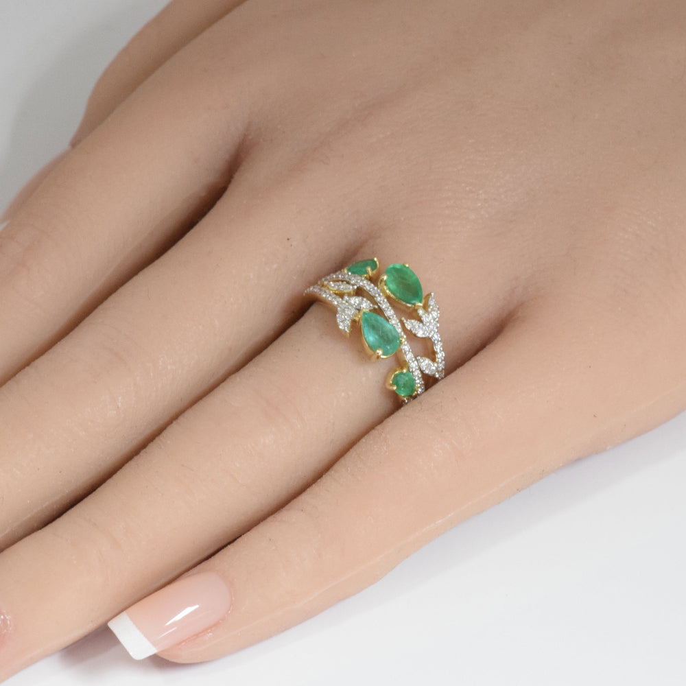 <span style="color:purple">SPECIAL!</span>1.25ct G SI 14K Yellow Gold Diamond & Pear Shape Emerald Gemstone Ring Size 6.5