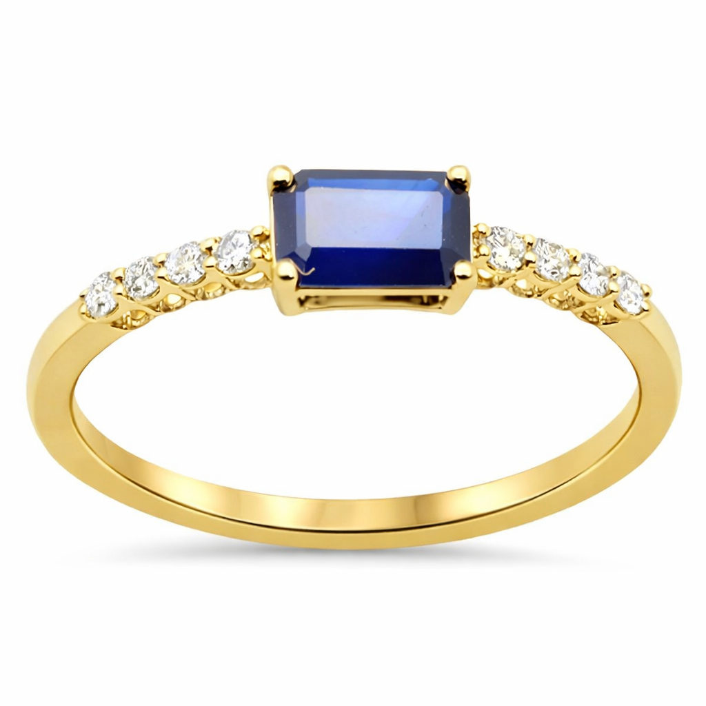 <span style="color:purple">SPECIAL!</span> .71ct G SI 14K Yellow Gold Diamond & Emerald Cut Blue Sapphire Gemstone Ring Size 6.5