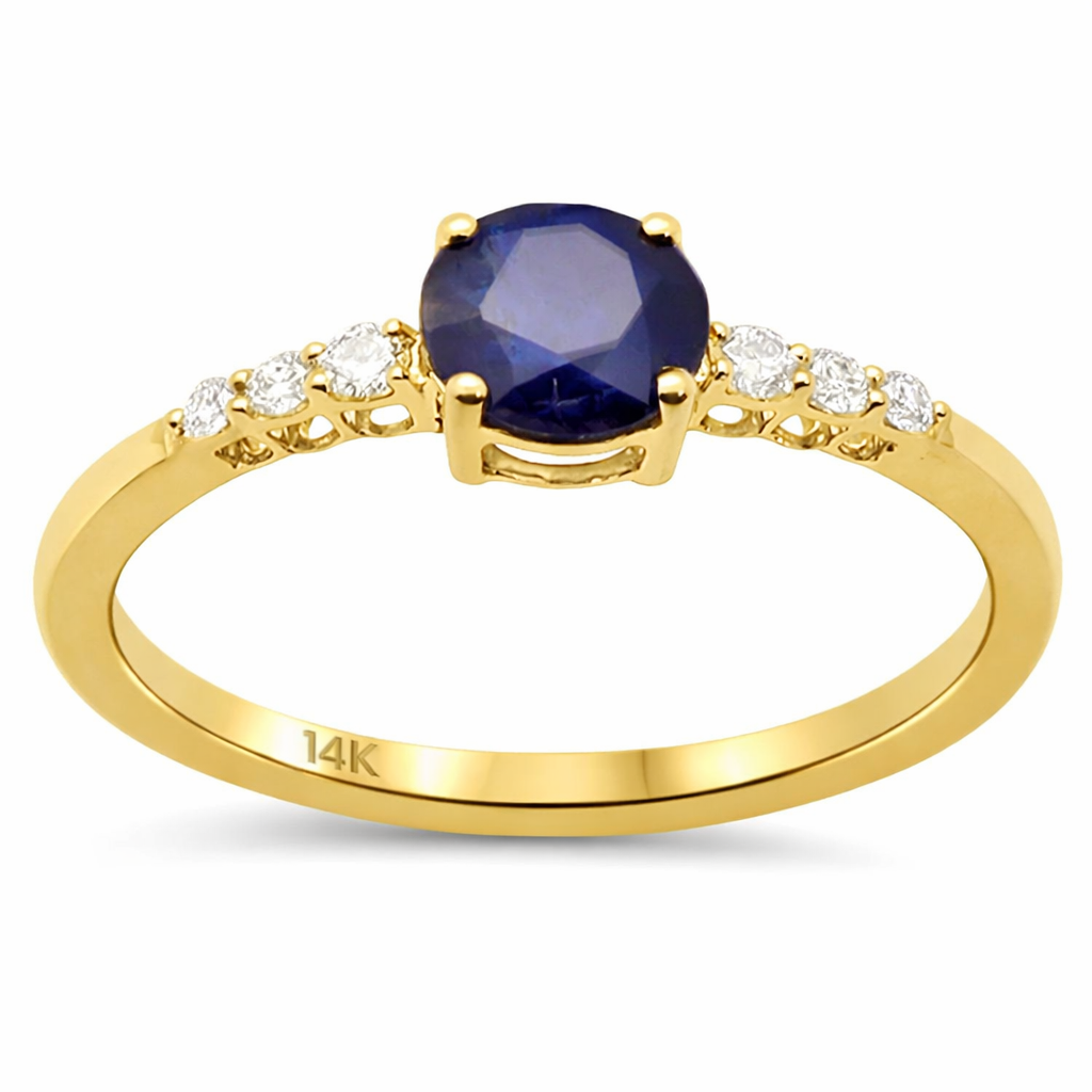 .72ct G SI 14K Yellow Gold Diamond  & Round Blue Sapphire Gemstone Ring Size 6.5