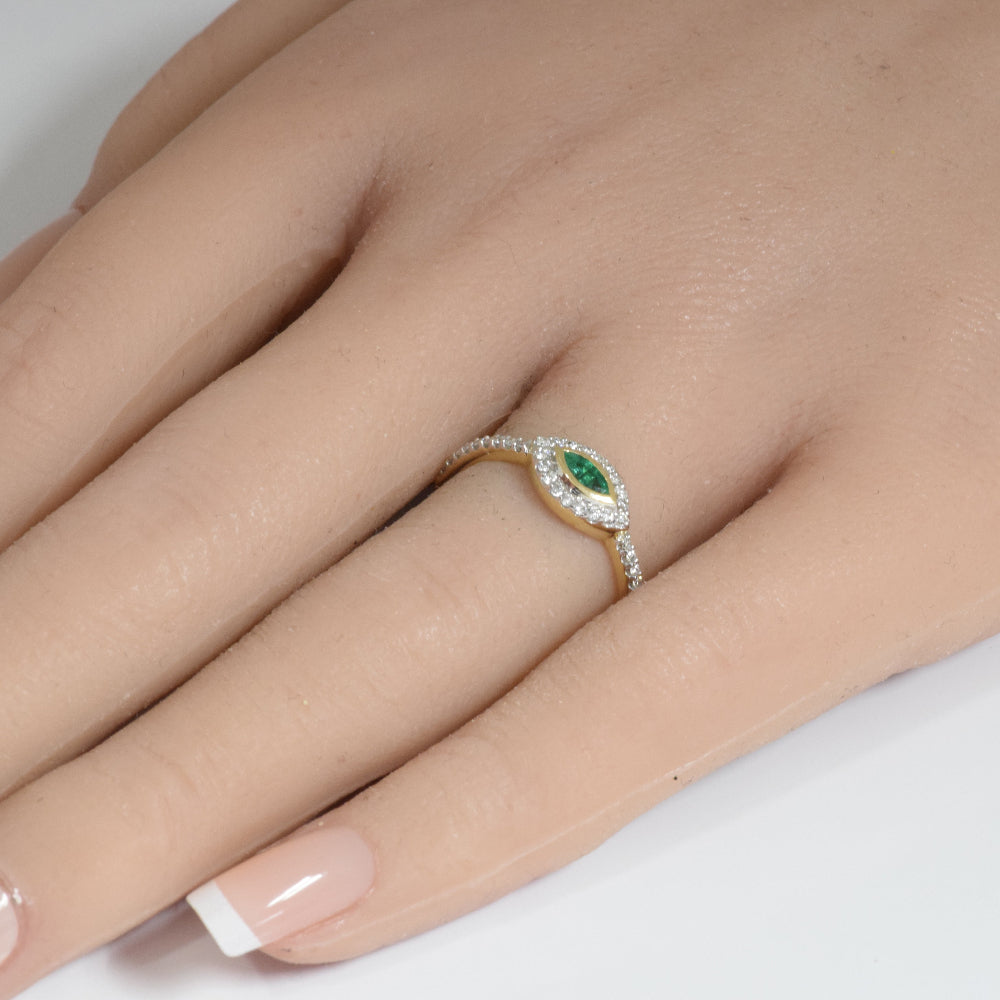 .32ct G SI 14K Yellow Gold Diamond & Emerald Gemstone Evil Eye Band Ring Size 6.5