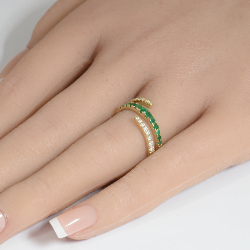 .60ct G SI 14K Yellow Gold Diamond & Emerald Gemstone Wrap Around Ring Size 6.5