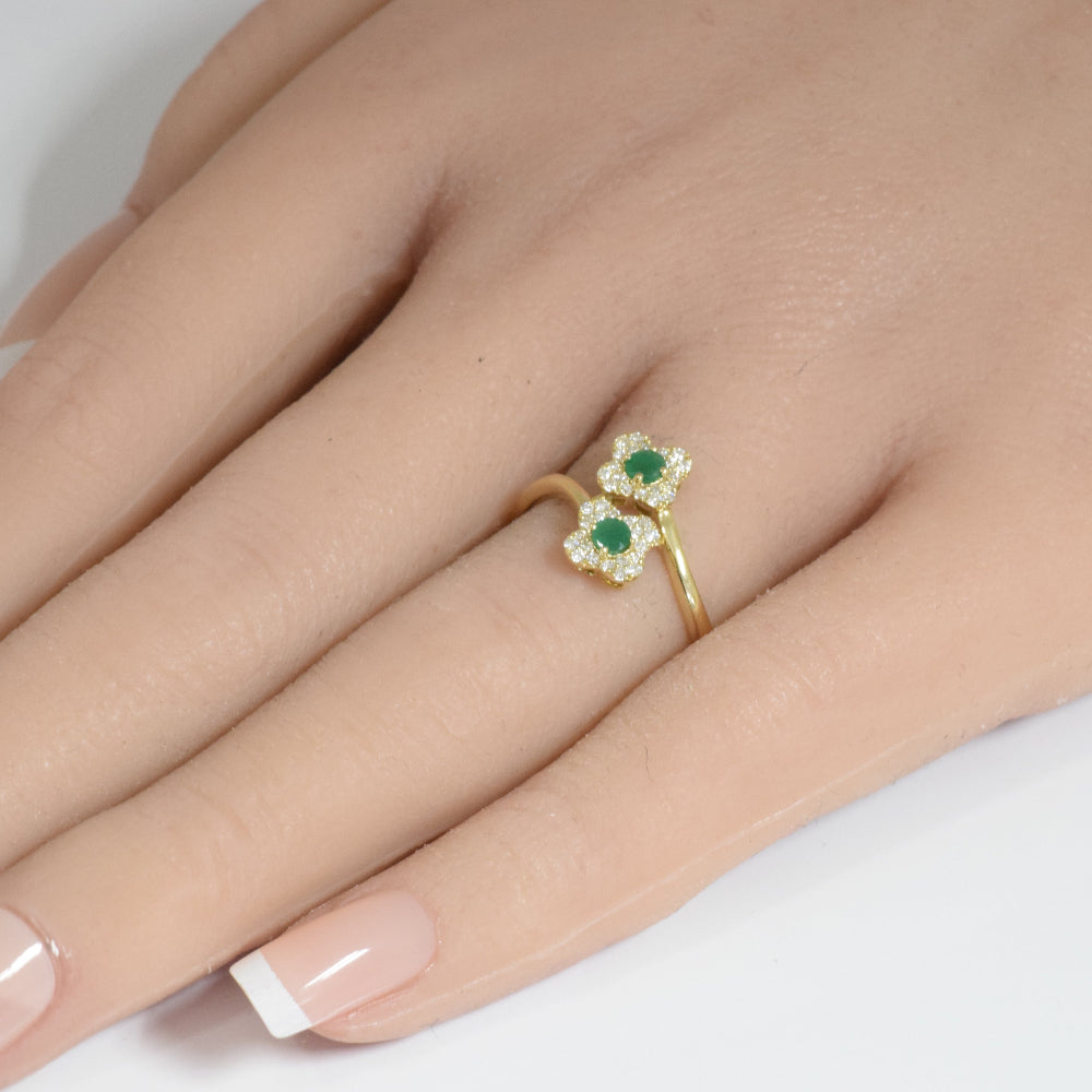 .38ct G SI 14K Yellow Gold Diamond & Emerald Gemstone Clover Style Ring Size 6.5