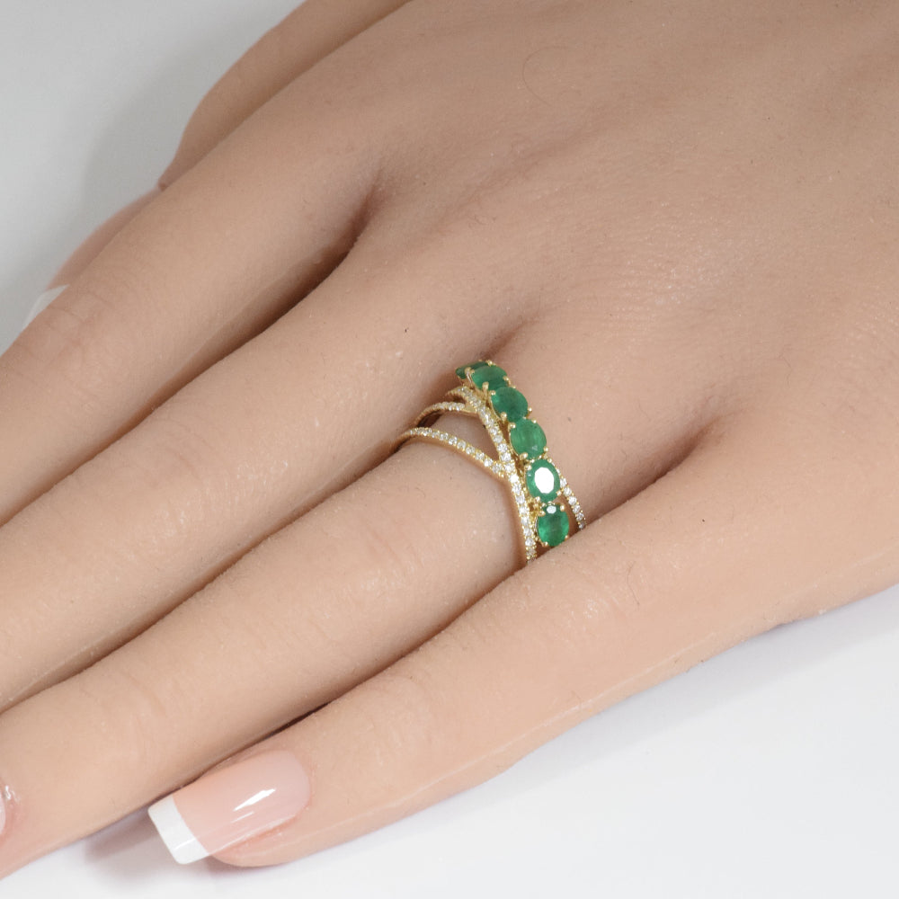 1.10ct G SI 14K Yellow Gold Diamond & Emerald Gemstone Wrap Around Band Ring Size 6.5