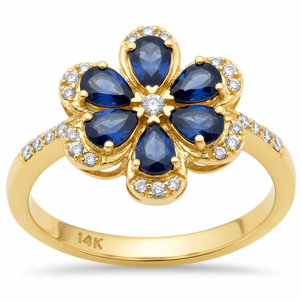 <span style="color:purple">SPECIAL!</span> 1.37ct G SI 14K Yellow Gold Diamond & Blue Sapphire Gemstone Flower Ring Size 6.5