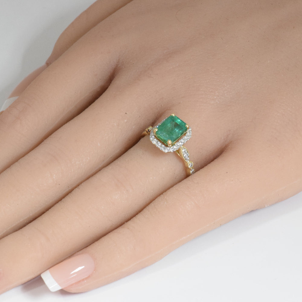 2.09ct G SI 14K Yellow Gold Diamond & Emerald Gemstone Engagement Ring Size 6.5
