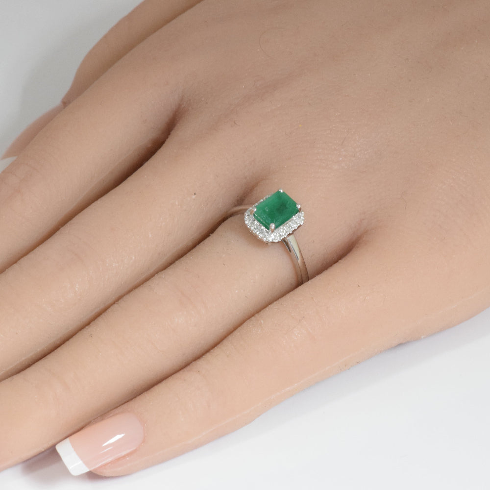 1.33ct G SI 14K White Gold Emerald Gemstone & Diamond Ring Size 6.5