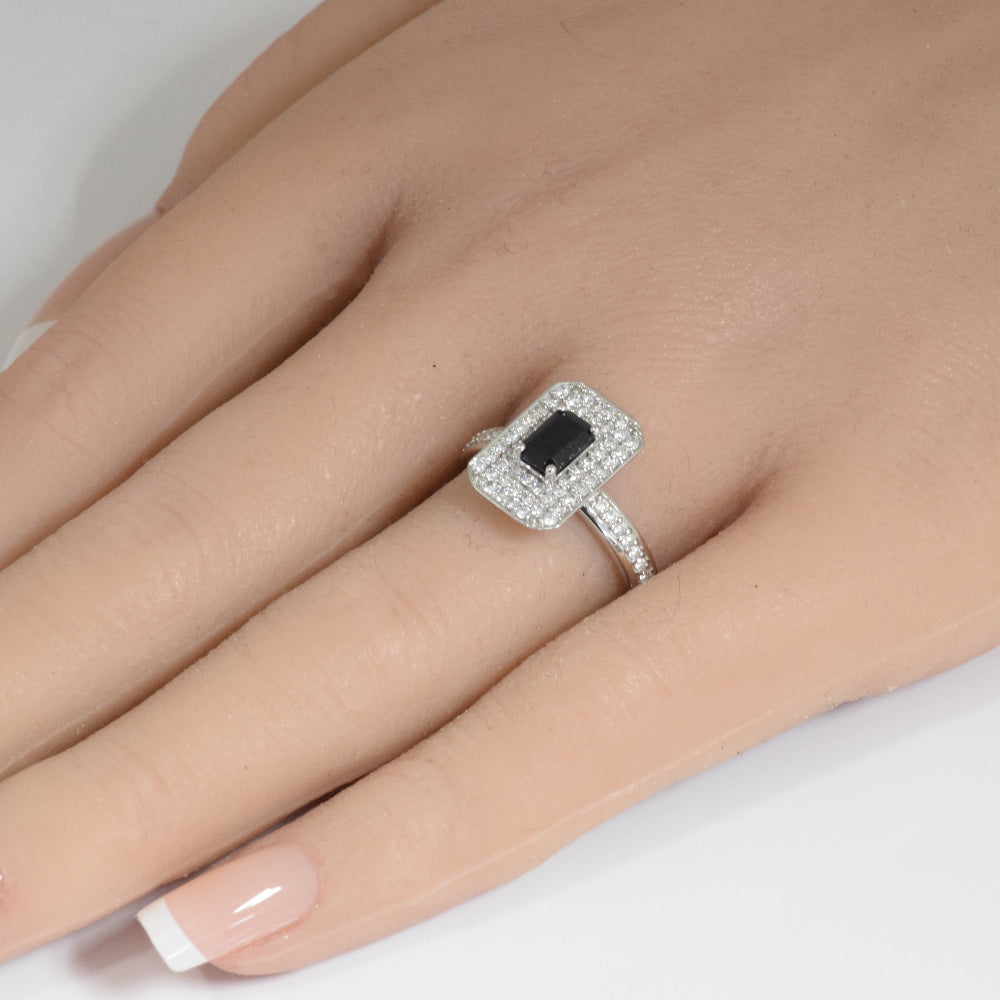1.32ct G SI 14K White Gold Emerald Cut Blue Sapphire & Diamond Gemstone ring Size 6.5