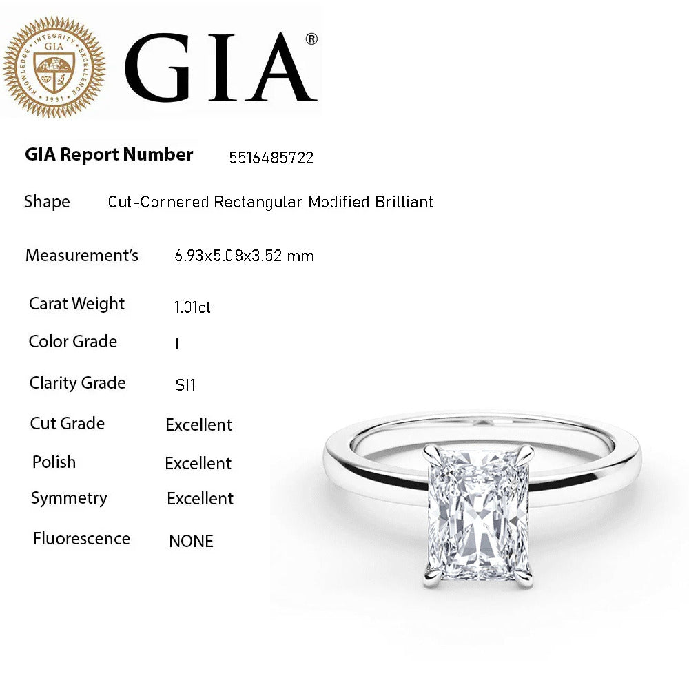 <span style="color:purple">SPECIAL!</span> 1.01ct I-SI1 GIA CERTIFIED 14K White Gold Radiant Cut Diamond Solitaire Ring Band Size 7
