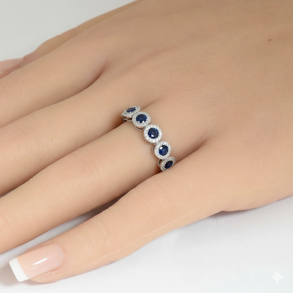 .90ct G SI 14kt White Gold Diamond & Blue Sapphire Gemstone Band Ring Size 6.5