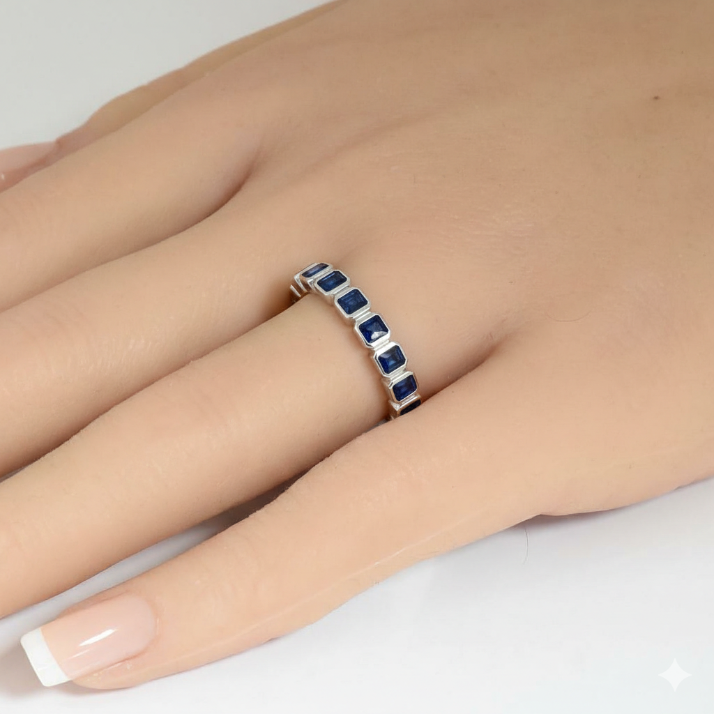 <span style="color:purple">SPECIAL!</span> 1.16ct G SI 14kt White Gold Blue Sapphire Gemstone Bezel Set Half Eternity Band Ring Size 6.5