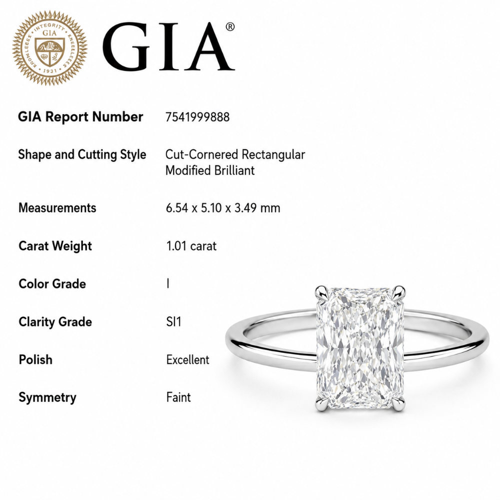 <span style="color:purple">¡ESPECIAL!</span> Anillo solitario de oro blanco de 14K con diamante talla radiante de 1,01 ct I-SI1 CERTIFICADO por GIA, tamaño de banda 7