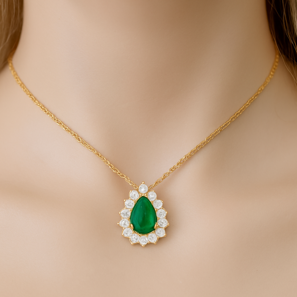 1.01ct G SI 14K Yellow Gold Diamond & Pear Shape Emerald Gemstone Pendant Necklace 18" Chain