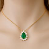 1.01ct G SI 14K Yellow Gold Diamond & Pear Shape Emerald Gemstone Pendant Necklace 18" Chain