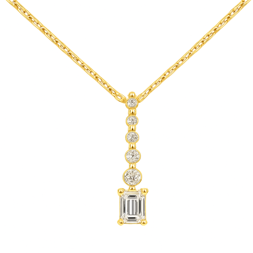 .31ct G SI 14K Yellow Gold Diamond Radiant Cut Diamond Drop Journey Solitiare Pendant 18" Long