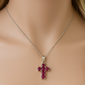 .47ct G SI 14K White Gold Ruby Gemstone Cross Pendant Necklace 18" Chain