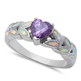  Heart Shape Amethyst & White Opal .925 Sterling Silver Ring