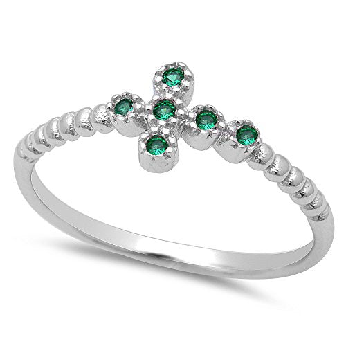 <span>CLOSEOUT!</span>Simulated Emerald Sideways Cross .925 Sterling Silver Ring