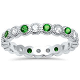  Emerald & Cz Antique Style Bezel Set Eternity Stackable .925 Sterling Silver Ring