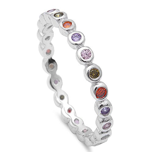 <span>CLOSEOUT!</span>Multi Color Cubic Zirconia Silver Eternity Band .925 Sterling Silver Ring