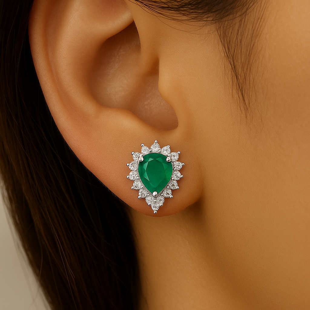 1.75ct G SI 14K White Gold Diamond & Pear Shape Emerald Gemstone Earrings