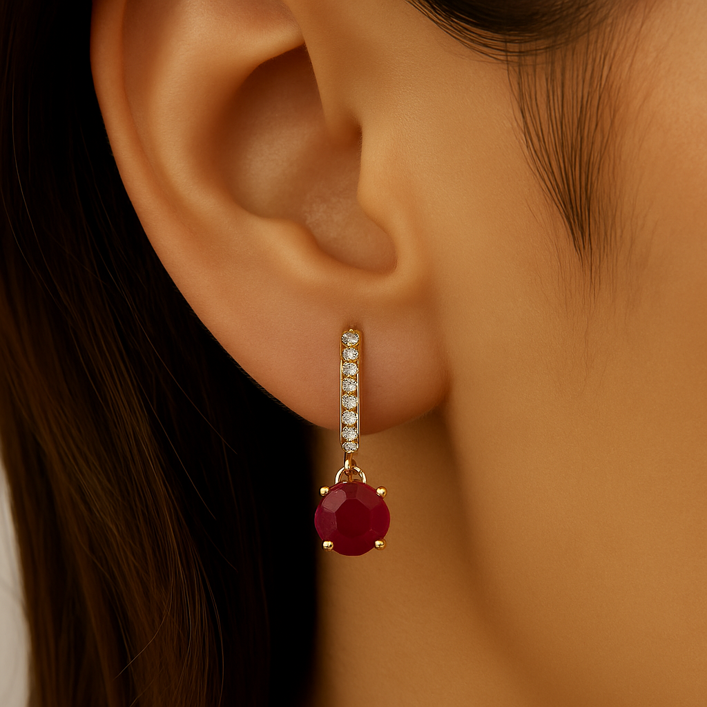 1.53ct G SI 14K Yellow Gold Diamond & Ruby Gemstone Hoop Huggie Dangle Earrings