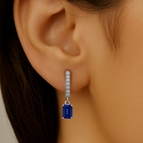 .57ct G SI 14K White Gold Diamond & Blue Sapphire Gemstone Hoop Huggie Dangle Earrings