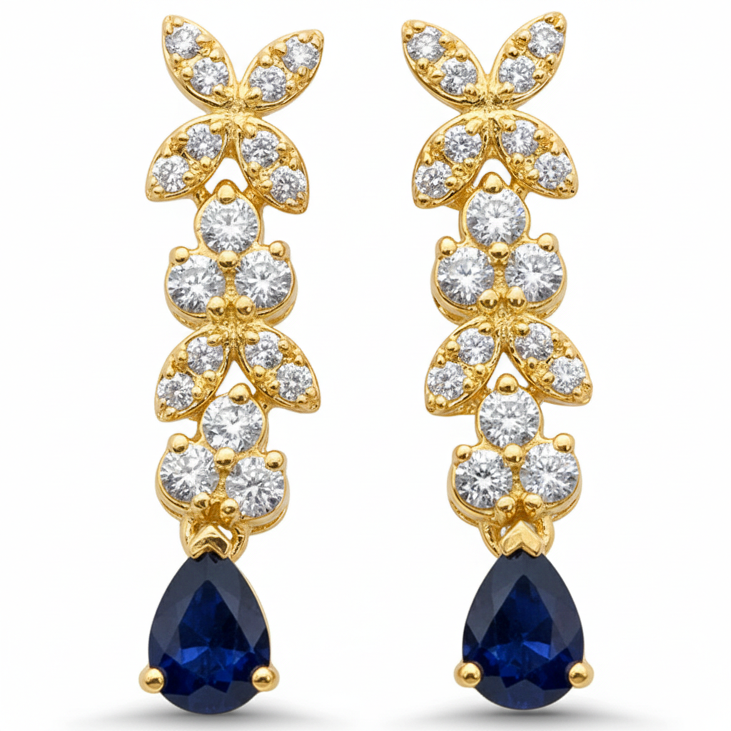 .66ct G SI 14K Yellow Gold Diamond & Blue Sapphire Gemstone Drop Earrings