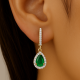.89ct G SI 14K Yellow Gold Round Diamond & Pear Shape Emerald Gemstone Drop Earrings