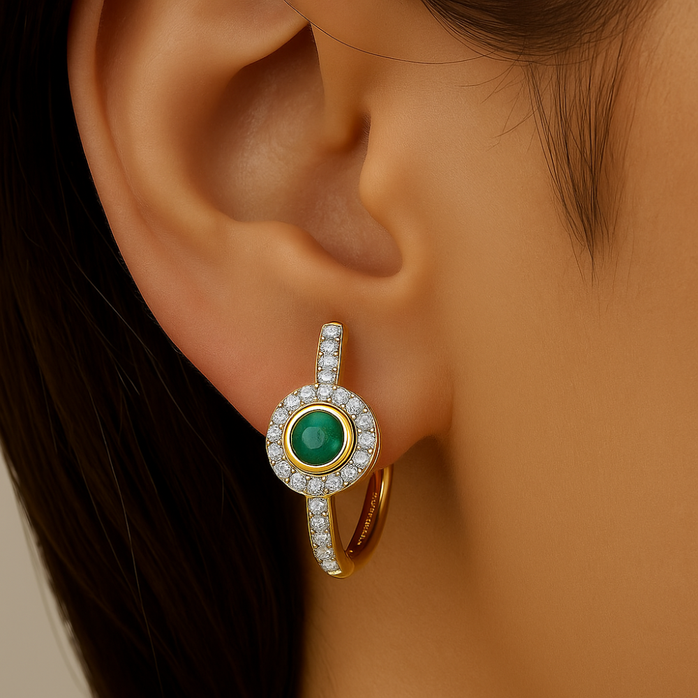 <span style="color:purple">SPECIAL!</span>.45ct G SI 14K Yellow Gold Diamond & Emerald Gemstone Halo Hoop Earrings