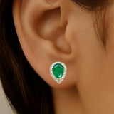 1.43ct G SI 14K Yellow Gold Diamond & Emerald Gemstone Pear Teardrop Stud Earrings