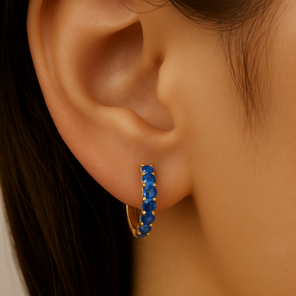 .70ct 14K Yellow Gold Blue Sapphire Gemstone Hoop Earrings