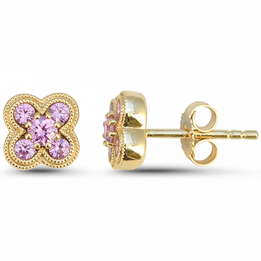 .47ct G SI 14kt Yellow Gold Pink Sapphire Gemstone Clover Earrings