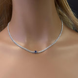 1.83ct G SI 14K White Gold Oval Shaped Blue Sapphire Gemstone & Diamond Cuban Necklace 13+3" Long