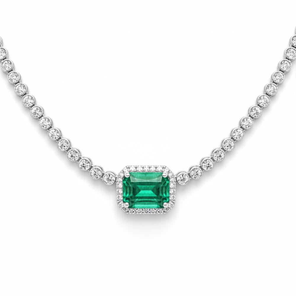 3.51ct G SI 14K White Gold Diamond & Natural Green Emerald Gemstone Necklace