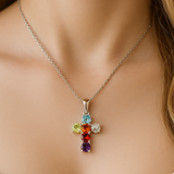 .44ct G SI 14K White Gold Diamond & Multi Color Gemstone Cross Pendant Necklace 18" Chain