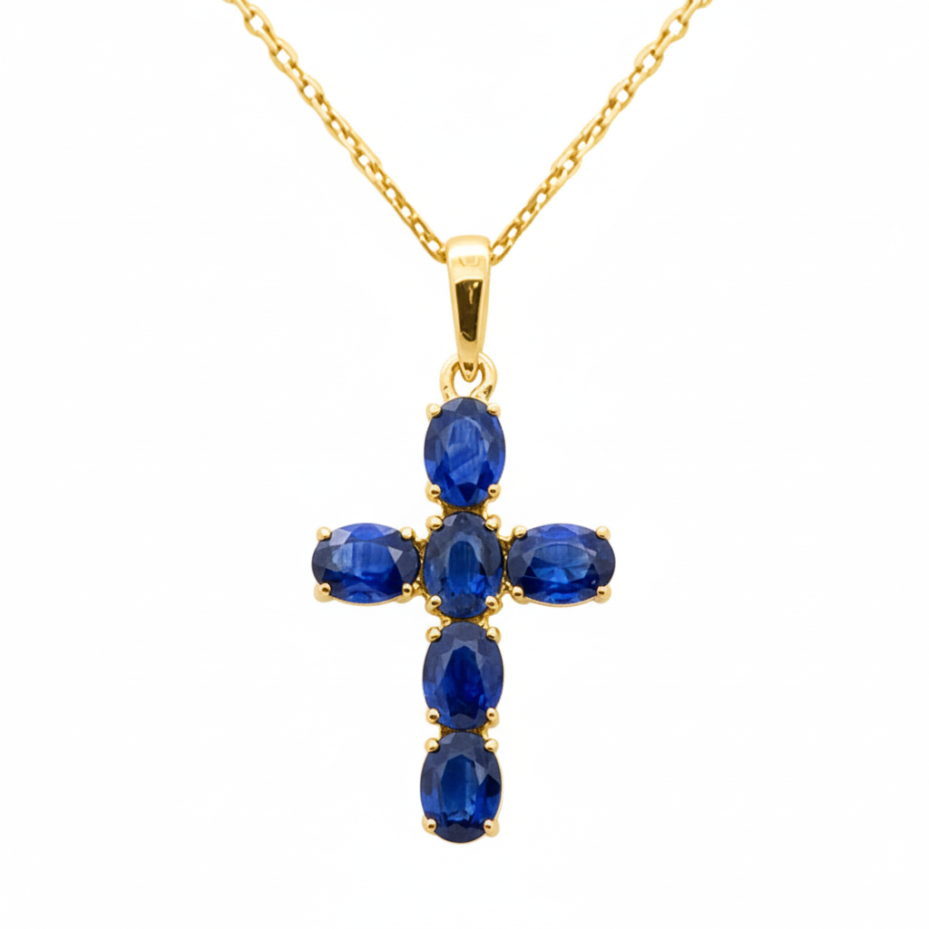 1.34ct G SI 14K Yellow Gold Blue Sapphire Gemstone Cross Pendant Necklace 18" Chain