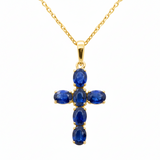 1.34ct G SI 14K Yellow Gold Blue Sapphire Gemstone Cross Pendant Necklace 18" Chain