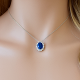 1.35ct G SI 14K White Gold Diamond & Blue Sapphire Gemstone Pendant 18" Long