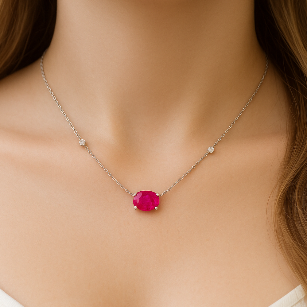 1.03ct G SI 14K White Gold Diamond & Ruby Gemstone Pendant 18" Long