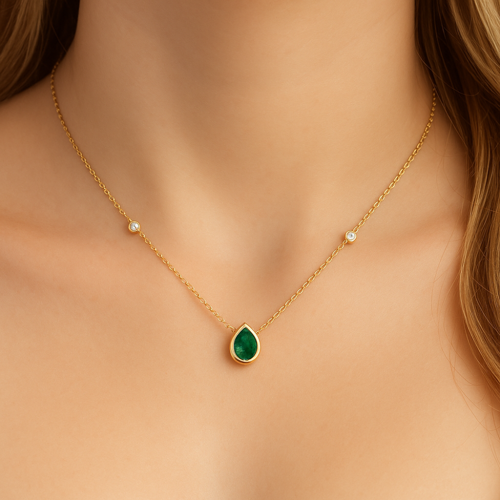 <span style="color:purple">SPECIAL!</span>.60ct G SI 14K Yellow Gold Diamond & Emerald Gemstone Pendant 18" Long
