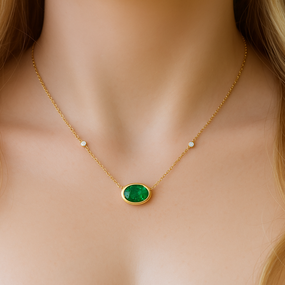 .70ct G SI 14K Yellow Gold Diamond & Emerald Gemstone Pendant 18" Long