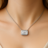 .27ct G SI 14K White Gold Emerald Cut Diamond Bezel Pendant 18" Long